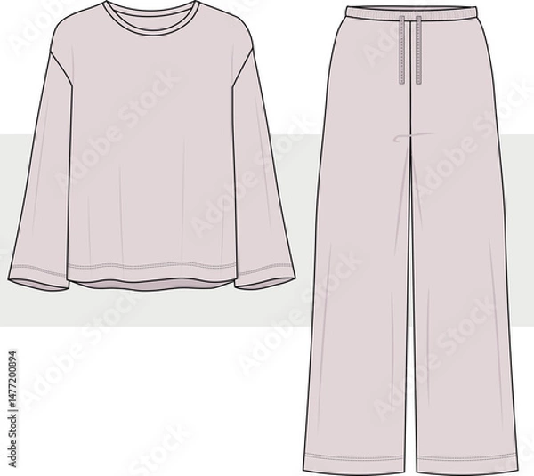 Obraz Long sleeve oversize basic sleepwear, lounge wear, pajama set fashion technical drawing, flat sketch, illustration.Front view, cad, mockup.