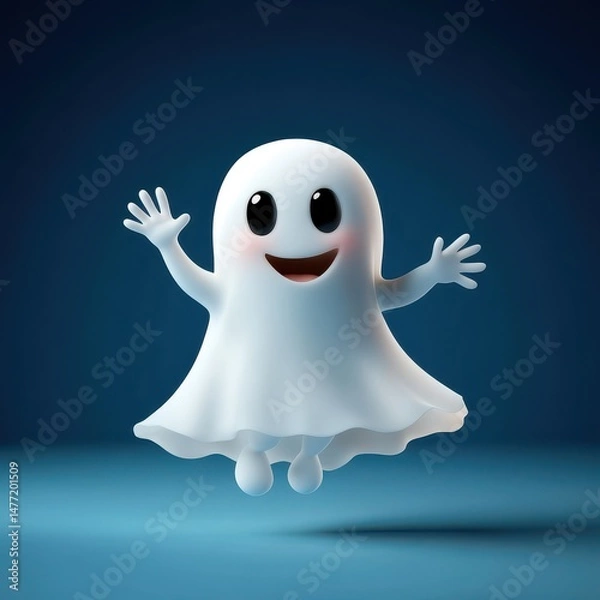 Obraz Cheerful cartoon ghost character with a friendly smile and arms raised