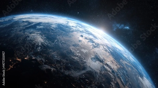 Fototapeta Earth from space showing clouds continents and sunrise or sunset light effect.