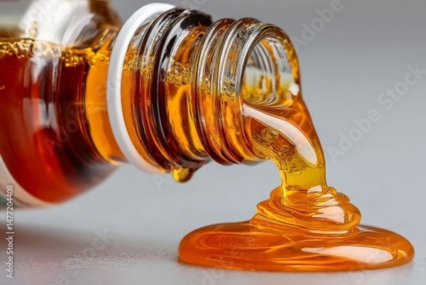 Fototapeta Honey drips from a glass bottle with a modern design on a smooth surface
