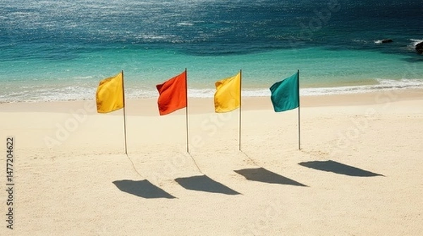 Fototapeta Alternating colored flags forming a visual line across sun-drenched white beach