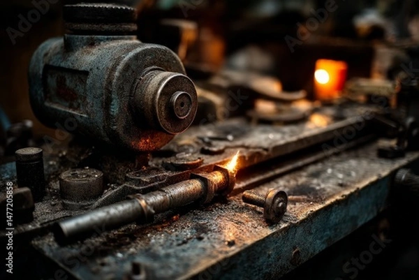 Fototapeta Sparks fly during metalworking in an industrial workshop at dusk while creating precision parts for machinery