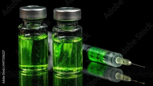 Obraz Two vials and a syringe filled with green liquid against a black background.