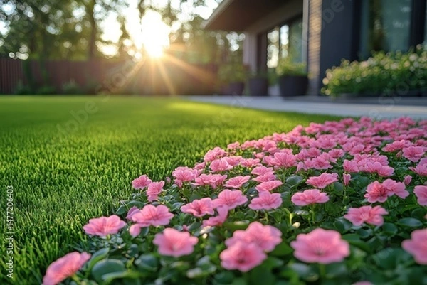 Fototapeta Sunlight filters through trees illuminating a garden with blooming pink flowers during a serene morning