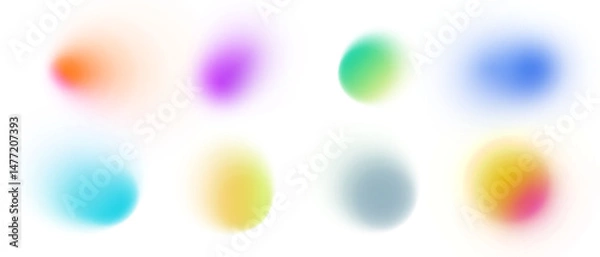 Fototapeta Gradient abstract background with vibrant colors blue, green, yellow, pink and red. Soft blur neon glow grainy texture. Fluid iridescent shapes with translucent modern geometric patterns.