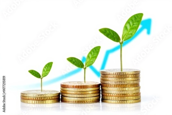 Obraz Growing financial investment and profits illustrated with coins and ascending green sprouts