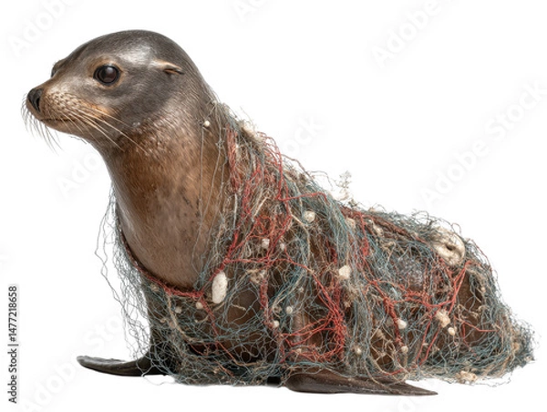 Fototapeta seal entangled in fishing net isolated on transparent background