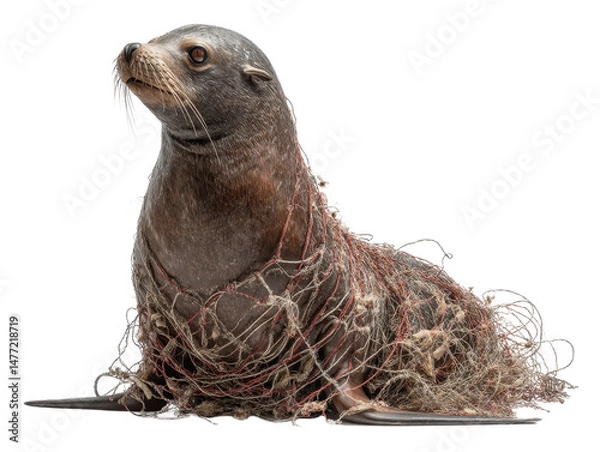 Fototapeta seal entangled in fishing net isolated on transparent background