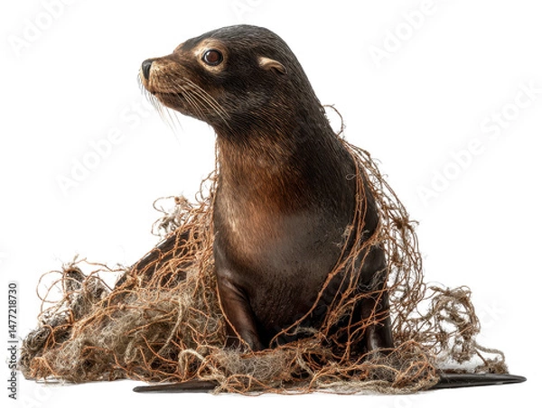 Fototapeta seal entangled in fishing net isolated on transparent background