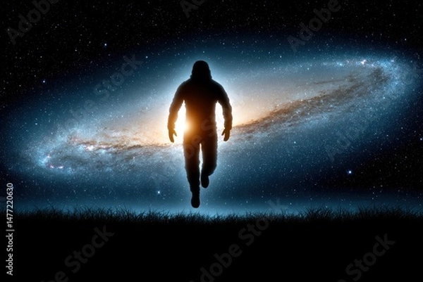 Fototapeta Silhouette of a Mysterious Figure Running Towards a Glowing Galaxy in a Starry Background with a Sense of Adventure and Exploration