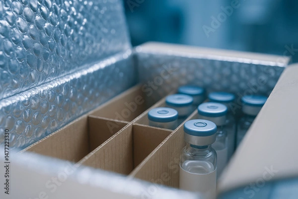 Fototapeta Vaccine vials packed carefully in production facility box ready for safe transport and storage ensuring quality and effectiveness