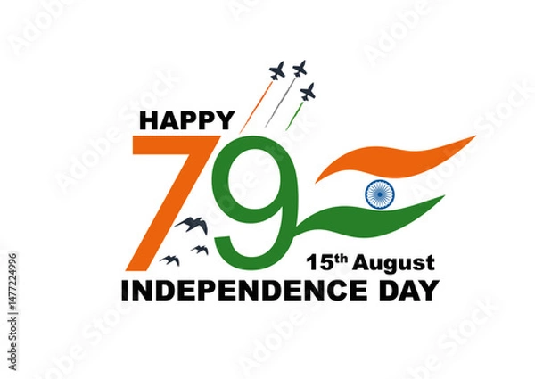 Fototapeta Template design. 79th Year Anniversary. Vector Logo. 79th India Independence Day freedom celebration concept or tricolor flag, icon, poster, banner. 15 August Celebration 79th Independence Day