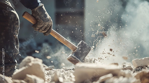 Fototapeta Construction Worker Using Sledgehammer to Break Concrete