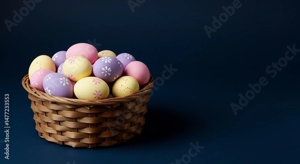 Fototapeta Pastel Easter Eggs in Woven Basket on Dark Background