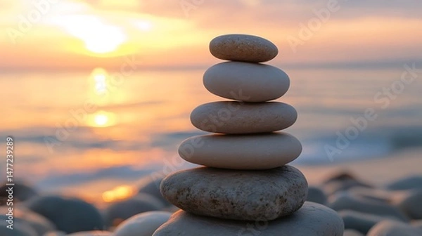 Obraz A photo of a pile of smooth stones, balanced on top of each other, set against the backdrop of a sunset at sea.