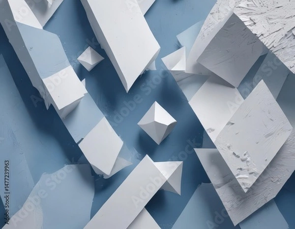 Fototapeta Layered white geometric shapes on textured blue abstract background , rhombus, contemporary, crisp