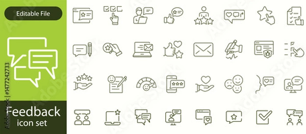 Fototapeta Feedback set of web icons in line style. Feedback and Review icons for web and mobile app. Customer relationship management. Star rating, satisfaction, emotion, testimonials, quick response, chat
