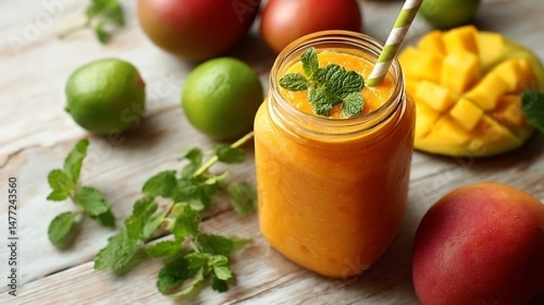 Fototapeta Flatlay of a tropical smoothie in a mason jar with mint leaves on top, placed on a wooden surface with scattered fruits, bright and airy composition with negative space on the left side for