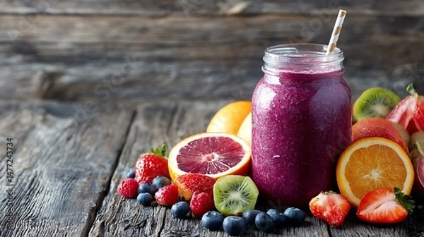 Fototapeta Refreshing fruit smoothie in a clear glass jar with a paper straw, placed on a rustic wooden background, surrounded by slices of fresh fruits, bright natural lighting, layout includes blank