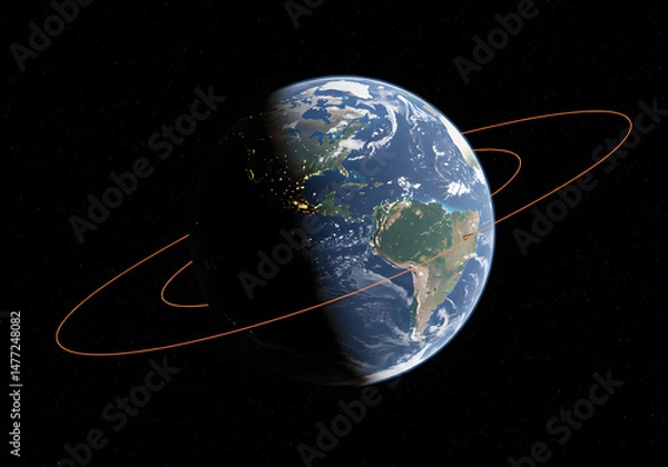 Fototapeta Earth in space with orbiting rings