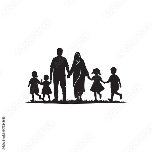 Obraz Muslim family silhouette walking hand in hand