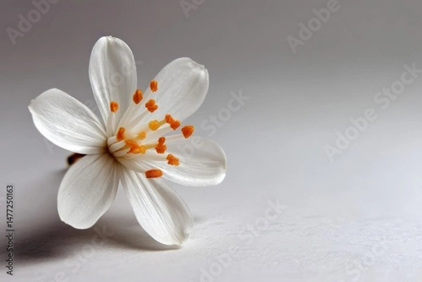Fototapeta Delicate white flower with orange stamen resting on a plain surface in soft light
