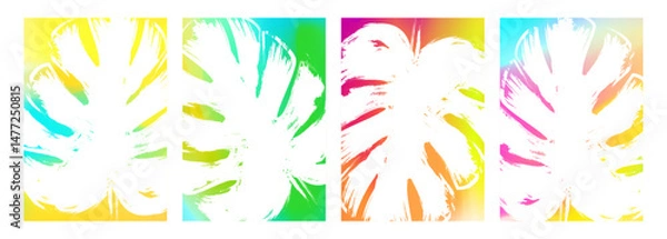 Obraz White brush stroke monstera leaf. Set of Summertime backgrounds with tropical leaves for Summer season creative graphic design. Vector illustration.	