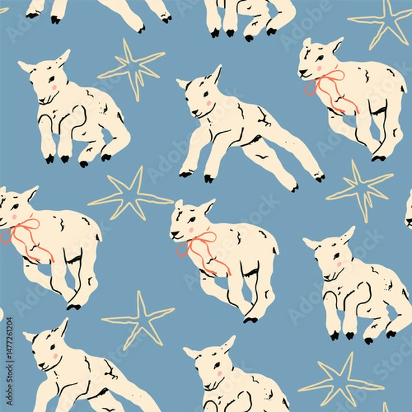 Fototapeta Cute little lambs. Sheep in jumping, running movement. Hand drawn Vector illustration. Count sheep, farm concept. Print, postcard, invitation, wallpaper design template. Square seamless Pattern
