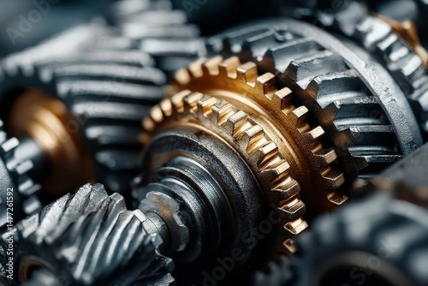 Fototapeta Intricate arrangement of metallic gears showcasing technology and precision engineering in a workshop setting