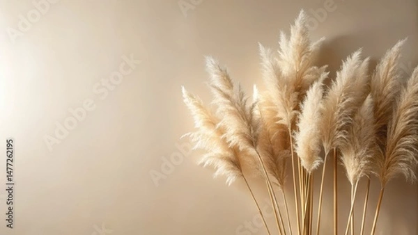 Fototapeta Pampas grass silhouette against soft beige wall, decorative element