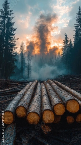 Obraz Stacked logs in a forest during sunset.