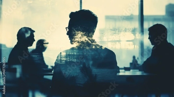 Obraz Silhouette of business people working together. Businesspeople in an office meeting room, double exposure effect.