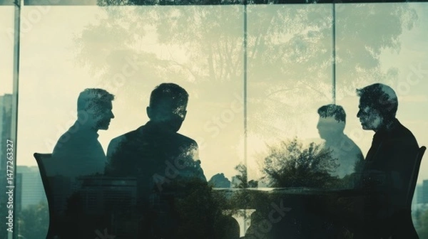 Obraz Silhouette of business people working together. Businesspeople in an office meeting room, double exposure effect.