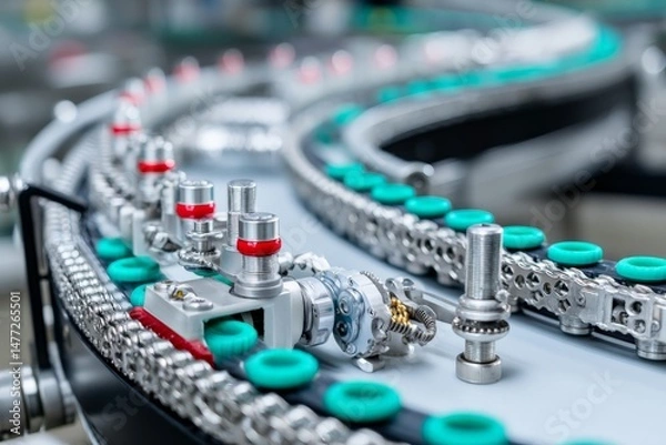 Fototapeta Conveyor system used in manufacturing process with intricate machinery in a factory setting