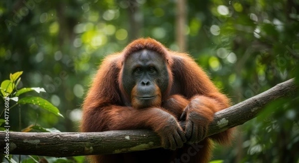 Fototapeta Orangutan resting on branch in lush forest