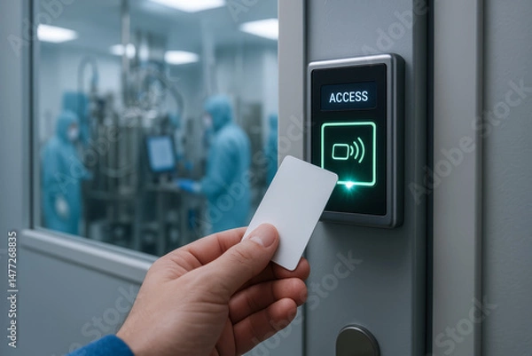 Fototapeta Access control card being used to enter vaccine production facility with workers in protective suits visible inside cleanroom environment