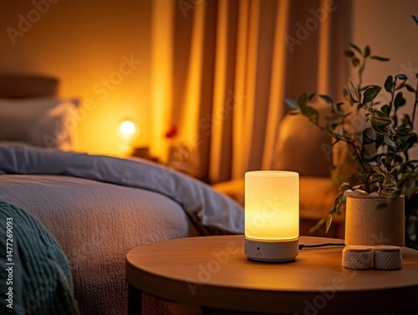 Fototapeta Close-up of illuminated bedside lamp on table in cozy bedroom at night; warm light, comfortable setting, tranquil scene, soft focus