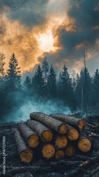 Obraz Stacked logs in a forest during smoky skies.
