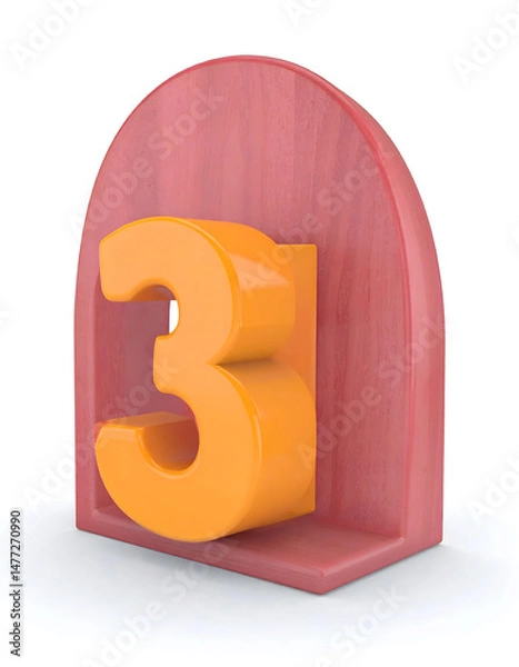 Fototapeta A vibrant orange number three stands upright within a curved, light red wooden frame, casting a soft shadow on a white surface