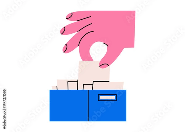 Obraz Hand drawn cute illustration of hand takes document from file archive. Flat vector information storage doodle. Management icon. Office paper in human arm. Catalog or database. Isolated.