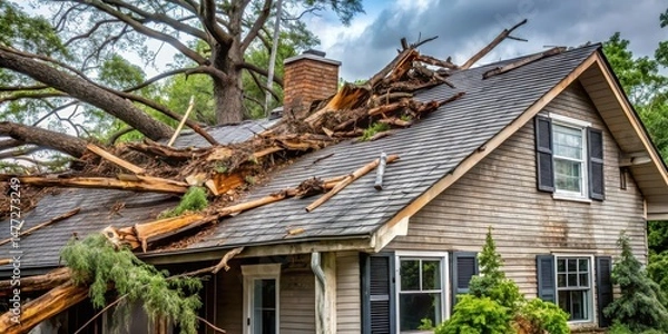 Fototapeta Severe Storm Damage Tree Collapsed Onto House Roof Causing Extensive Structural Damage