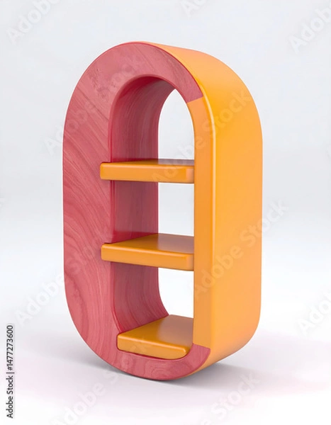 Fototapeta A stylized number zero or letter O, featuring a textured red wood exterior and glossy orange interior shelves, stands on a white surface