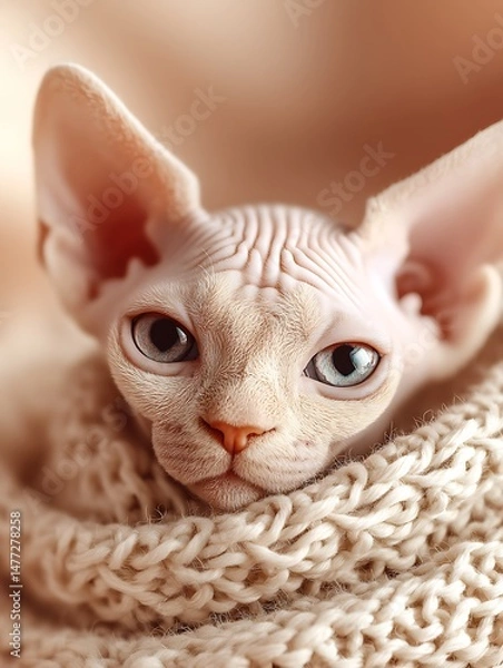 Fototapeta Close Up Portrait of a Sphynx Kitten Wrapped in a Knit Scarf.