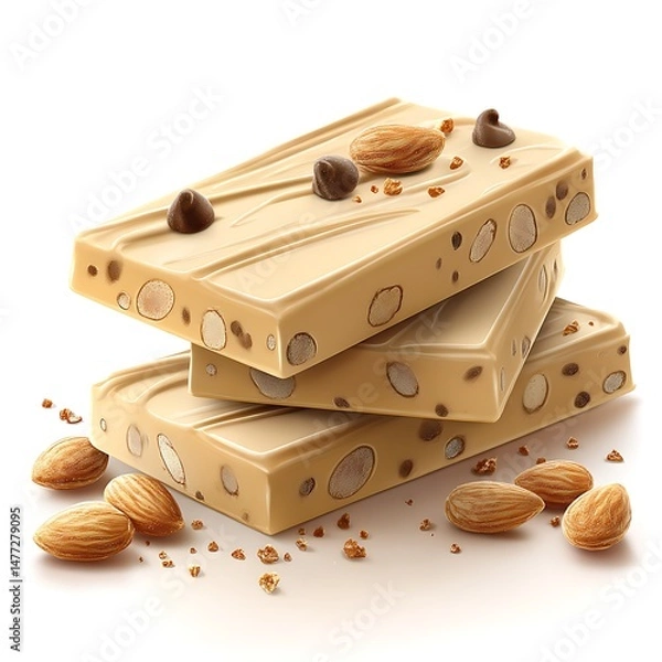 Fototapeta Delicious Stack of Almond and Chocolate Bars. A close up image of creamy white chocolate bars with almonds and chocolate chips.