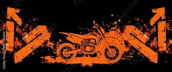 Fototapeta Abstract orange grunge motocross pattern with motorcycle silhouette and directional arrows on black background,  racing, design