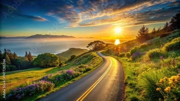Fototapeta Scenic coastal highway winding through vibrant wildflowers at sunset, offering a breathtaking view of the tranquil ocean and distant mountains.