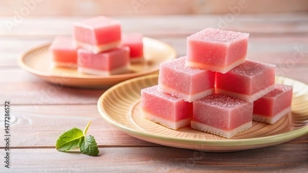 Obraz Guava Jelly Squares on Plate, pastel pink colors