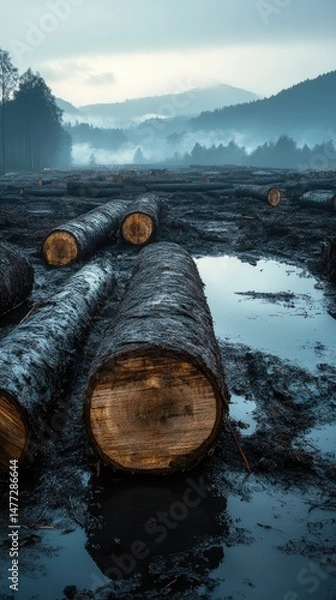 Obraz Misty landscape with felled timber in a muddy clearing.
