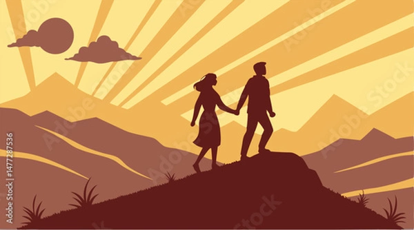 Obraz Romantic Couple Silhouette on Mountain Peak at Sunset
