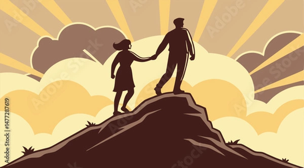 Obraz "Romantic Couple Silhouette on Mountain Peak at Sunset – Adventure and Love Concept with Dramatic Sky"